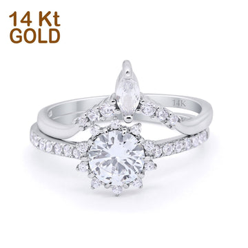 14K White Gold Two Piece Art Deco Bridal Set Ring Band Round Engagement Piece Simulated CZ Size-7